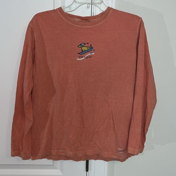 Used Life is Good women’s crusher sledding winter happy dog LS T shirt M - Picture 2 of 6